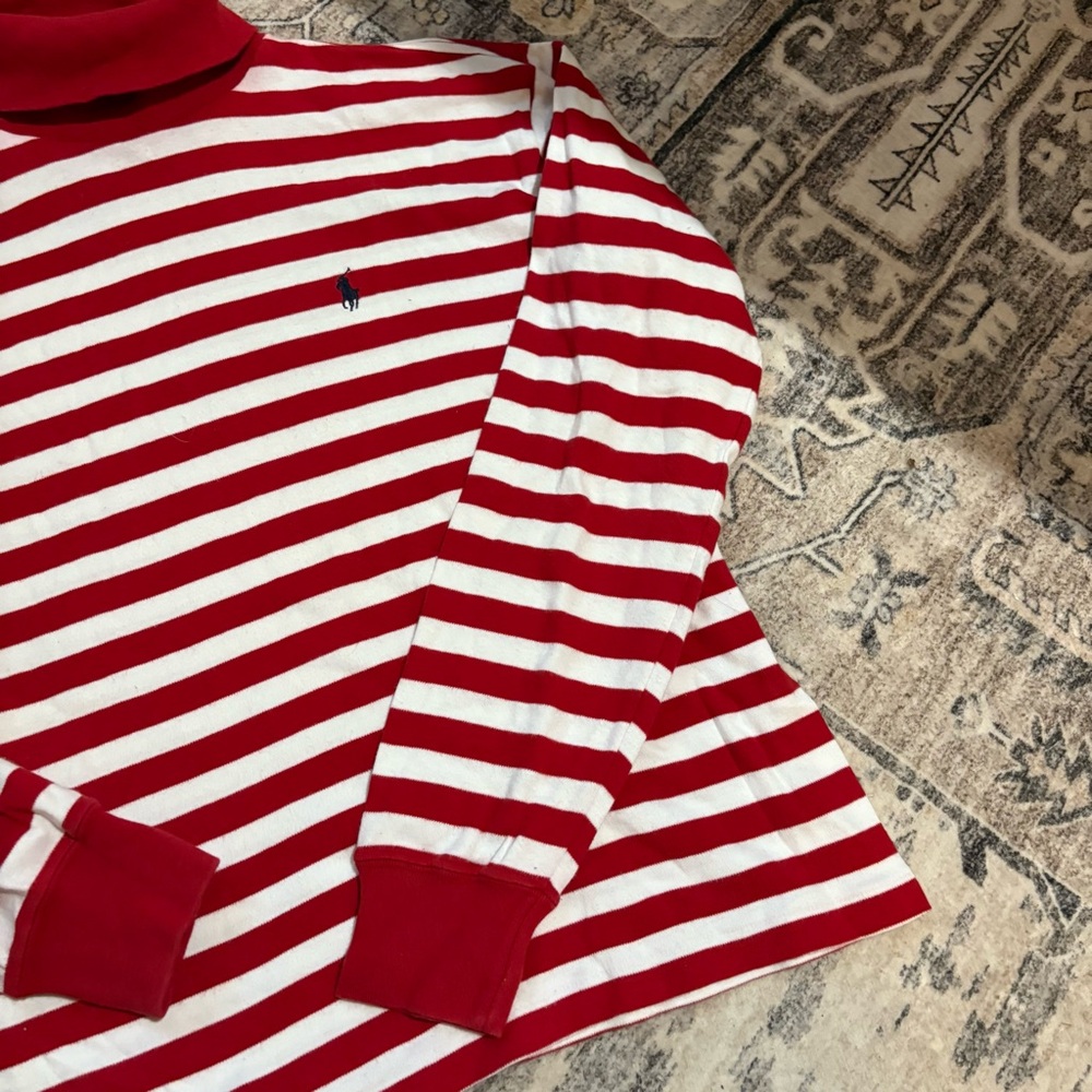 Vintage RALPH LAUREN red white Striped Cotton Turtleneck Sweater size S - Picture 2 of 7